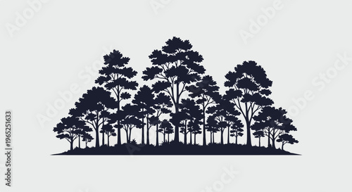 A silhouette of a dense forest with varied tree heights against a light background