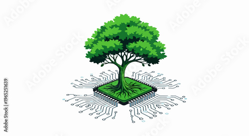 A vibrant green tree with spreading roots grows from a circuit board