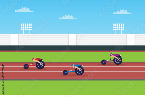 Para-Athletes Competing in Wheelchair Racing on Track at Outdoor Stadium Concept for Inclusive Sports 2d flat vector illustration