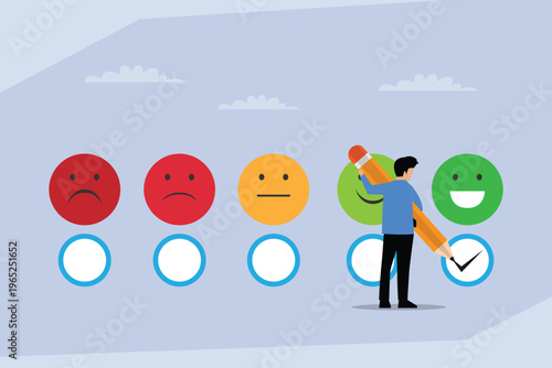Bild auf Leinwand Man Giving Positive Feedback on Customer Satisfaction Survey with Emoticons and