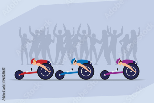 Cheering Crowd Supporting Para-Athletes in Wheelchair Race Illustration for Paralympic Sports and Inclusion 2d flat vector illustration