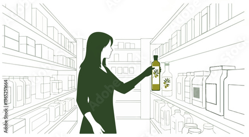 Silhouette of a woman in a grocery store aisle choosing a bottle of olive oil