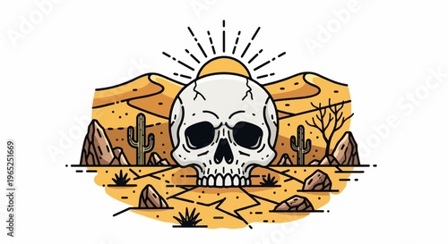 A skull presides over a sun-baked desert with cacti and dunes