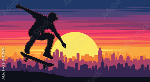 Silhouette of skateboarder performing a trick against a pixelated cityscape sunset