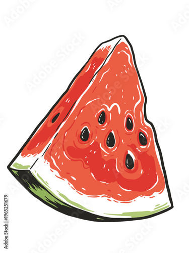 Watermelon slice illustration. Fresh summer fruit sketch. Red juicy melon wedge with seeds. Hand drawn food icon on white background.