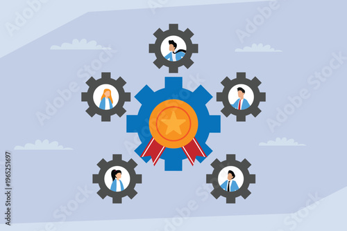 Foto Diverse Professional Team in Cogs and Gears Working Together to Achieve Gold Med