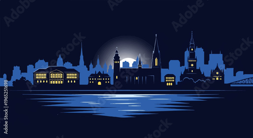 A stylized cityscape under a night sky with a full moon and water reflections