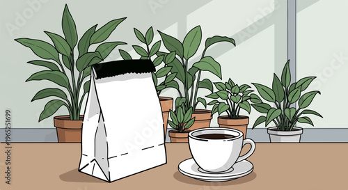 A white paper bag and a cup of coffee sit on a table with plants