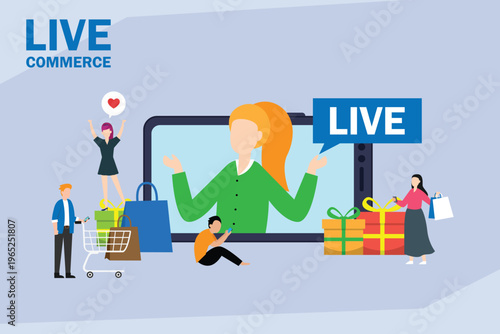 Live Commerce Concept with Influencer Streaming on Tablet and Customers Shopping 2d flat vector illustration