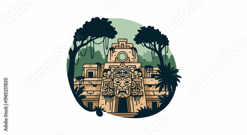 Ancient stone temple with carved mask facade, surrounded by lush jungle