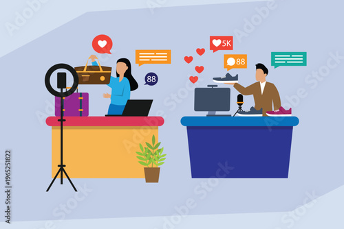 Influencers Live Streaming for Social Commerce and Product Reviews 2d flat vector illustration