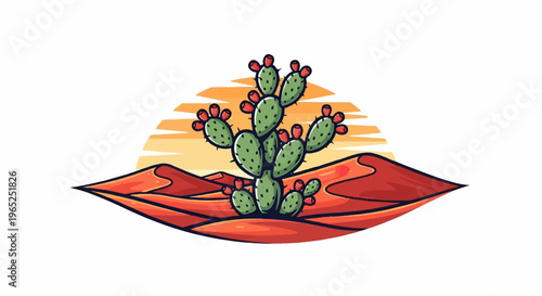 Prickly pear cactus stands tall in sandy desert dunes under a stylized sunset