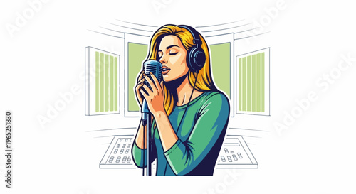 Blonde woman with headphones sings into a retro microphone in studio