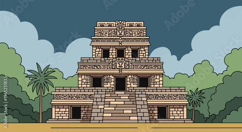 Ancient stone temple with jungle and cloudy sky