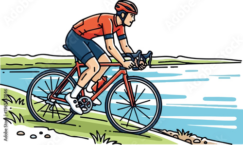 Athlete cycling on a sunny day next to a calm lake with green hills