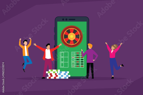 Online Casino and Mobile Gambling Concept with People Celebrating Win 2d flat vector illustration