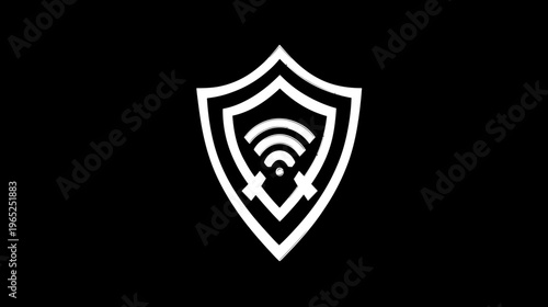 A simple, white graphic on a black background, with a shield shape encapsulating WiFi signal bars