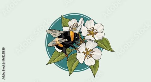 Bumblebee pollinating white flowers within a teal circle against a pale background