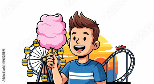 Boy in amusement park enjoys cotton candy with rides in background