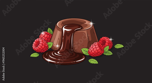 Decadent chocolate lava cake oozing with glossy chocolate, surrounded by fresh raspberries