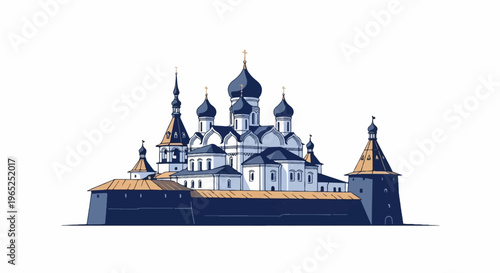 Ornate historical complex with numerous domes and fortified walls