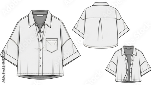 Vector CAD design style illustration of a short-sleeved button-down shirt