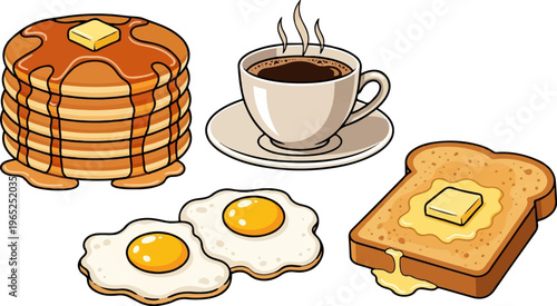 Delicious breakfast spread of pancakes, eggs, toast, and coffee