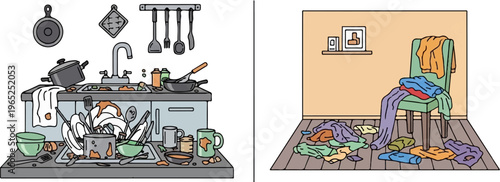 Disheveled kitchen sink and scattered clothes on floor with chair