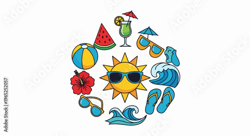 Cheerful summer vacation icons arranged in a circular pattern
