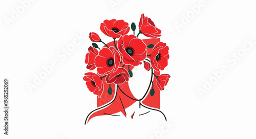 Abstract depiction of a face adorned with vibrant red poppies