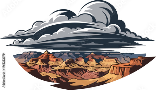 Dramatic storm clouds loom over a stylized, colorful canyon landscape