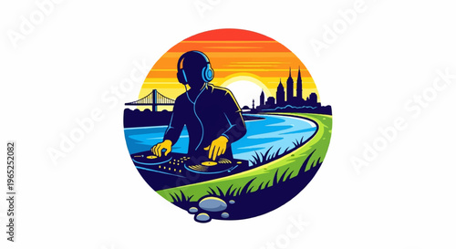 DJ plays at sunset by river with city and bridge skyline