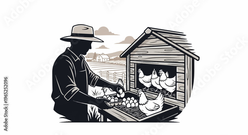 Farmer collecting eggs from hens in coop with farm in background