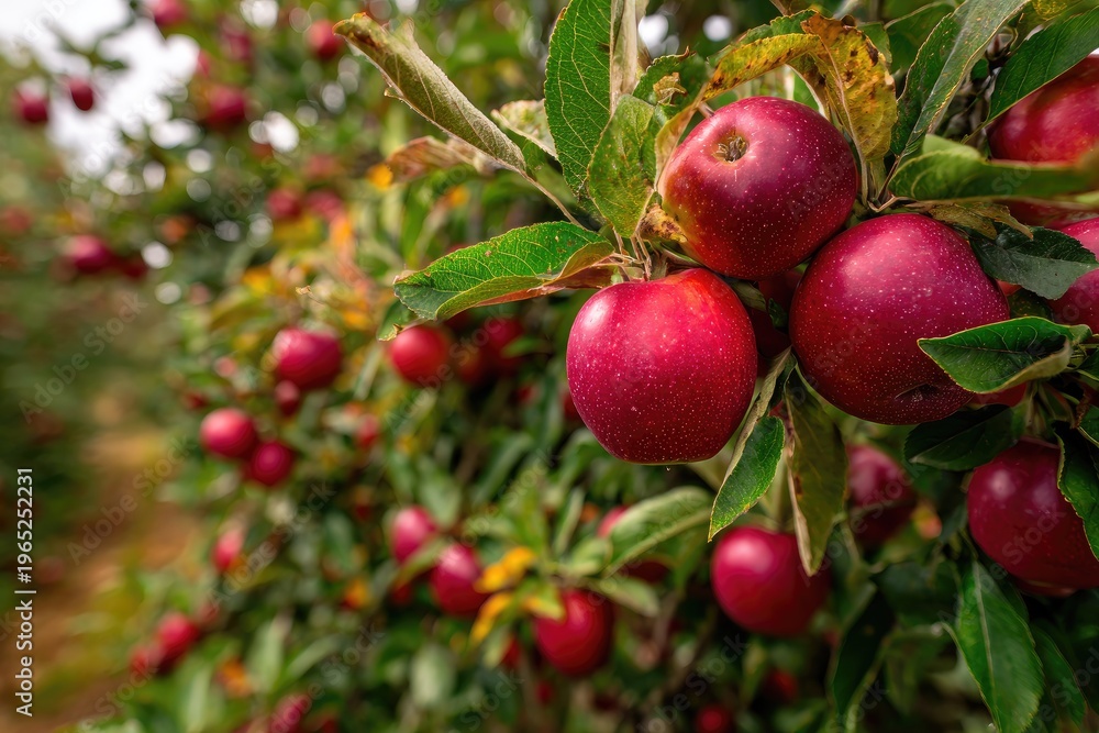 Obraz premium Crimson apples ripening on branches, orchard scene