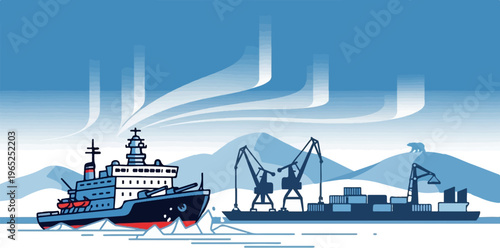 Icebreaker ship and cargo cranes in an arctic bay under aurora borealis