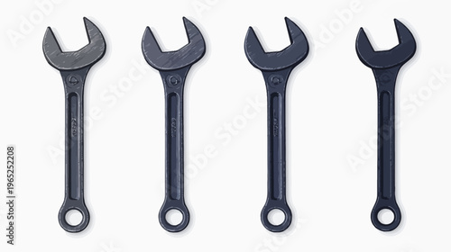 Four wrenches, tools for mechanical work, illustrated in a row against a plain white backdrop