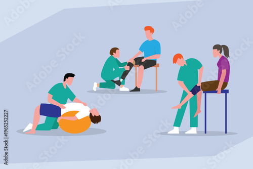 Physiotherapists Helping Patients with Leg Exercises and Prosthetic Fitting in Rehabilitation Clinic, Physical Therapy 2d flat vector illustration