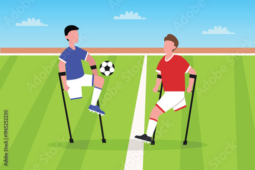 Amputee Soccer Players on Crutches Playing a Match on a Football Field, Inclusive Para-Sports and Adaptive Athletics 2d flat vector illustration