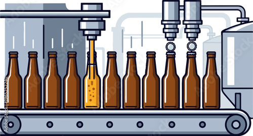 Automated bottling line fills brown glass bottles with golden liquid