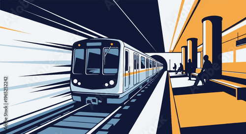 Modern subway train speeds through a stylized station with waiting passengers