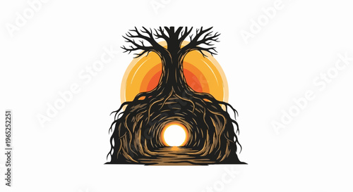 Mystical tree with radiant sun and glowing cavern entrance