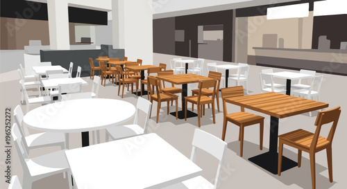 Minimalist indoor dining area with white and wooden tables and chairs