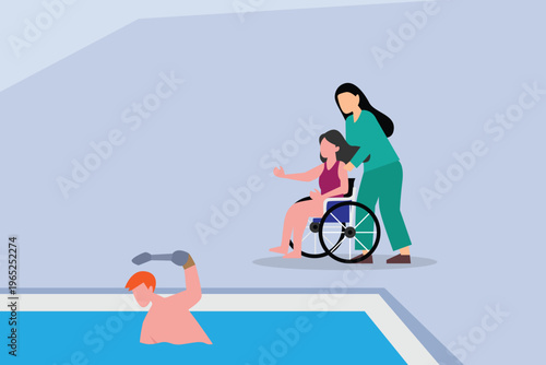 Hydrotherapy Session with Physiotherapist Assisting Woman in Wheelchair and Amputee Swimmer in a Swimming Pool 2d flat vector illustration