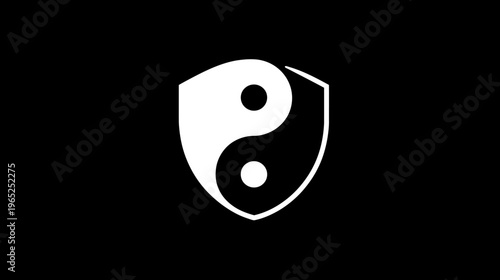 Black background with a white, stylized yin-yang symbol within a shield shape