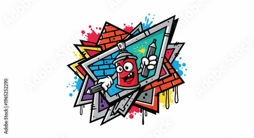 Cartoon spray can character with graffiti-style background elements