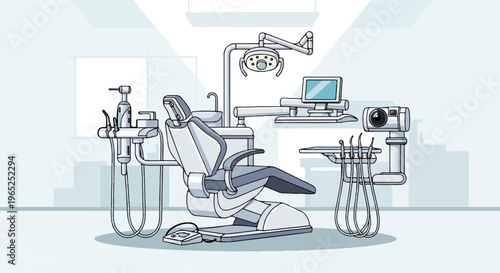Modern dental clinic interior with patient chair and equipment