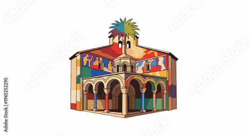 Colorful architectural illustration of a building with arched walkways and mural-like art