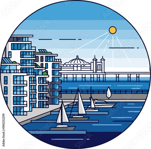 Modern buildings and pier by the sea with sailboats under a sunny sky