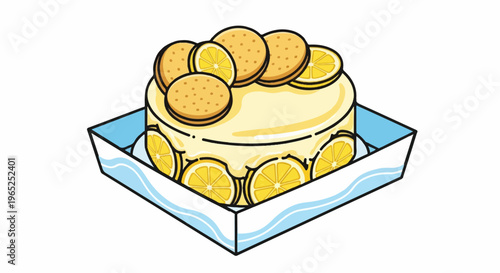Creamy yellow cake adorned with round cookies and lemon slices, presented in a blue box