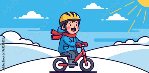 Cheerful child in warm clothes rides a bike through snowy hills under the sun